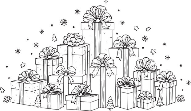 A Festive Stack of Christmas Presents Hand Drawn Line Art