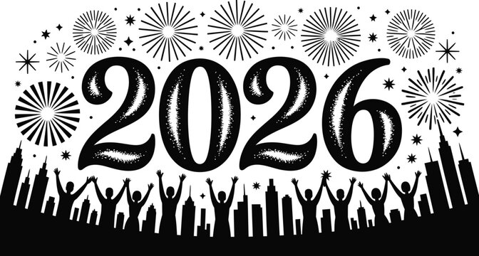 Celebrate 2026 new year cityscape with fireworks and joyful crowd silhouette reaching for future