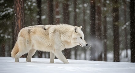 Majestic white wolf walks through a snowy forest during winter snowfall