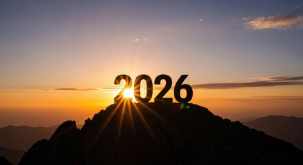 New Year 2026 at sunset. 2026 stands on a mountain with sun rays at sunrise