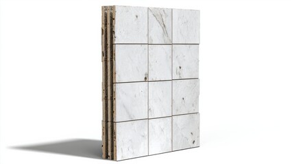 A structured white ceramic tile panel with subtle textures and clean lines, showcasing a polished surface against a bright backdrop