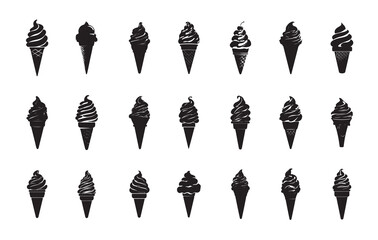 Black and white ice cream cones arranged in a grid pattern on light background