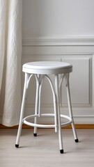 White metal stool in perfect symmetry against a light background with draped curtains