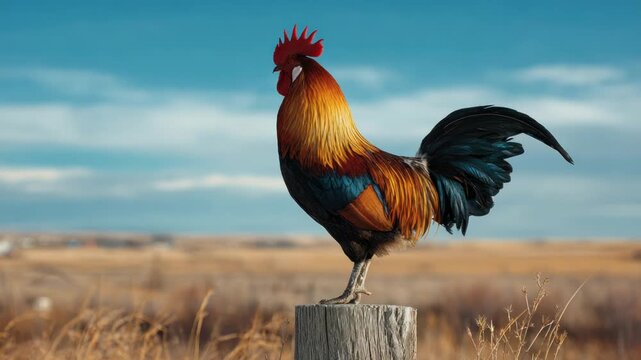 A vibrant rooster perches atop a wooden post against a blurred backdrop of fields and sky