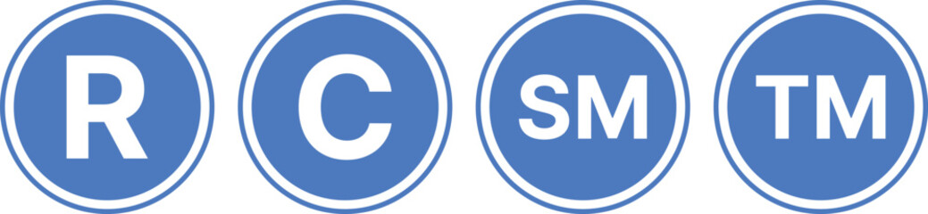Copyright, Registered, Trademark, and Service Mark icon set. Intellectual Property (IP) Rights Symbols. C, R, TM, SM Mark Collection. Digital Rights and Company Brand Asset Indicator Logos