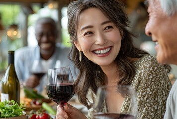 a happy middle-aged asian woman with gray hair is drinking red wine and talking to her husband in the kitchen