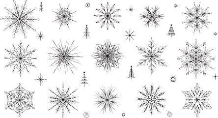 Black and White Seamless Pattern of Hand Drawn Christmas Snowflakes