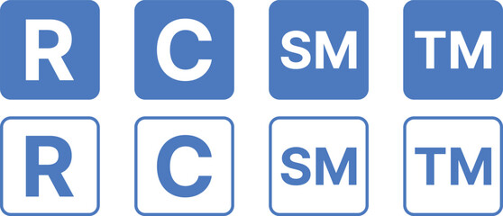 Copyright, Registered, Trademark, and Service Mark icon set. Intellectual Property (IP) Rights Symbols. C, R, TM, SM Mark Collection. Digital Rights and Company Brand Asset Indicator Logos