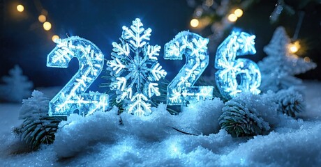 Bright luminous numbers display year 2026. Snow covers ground, evergreen trees surround digits. Festive lights create winter ambiance.