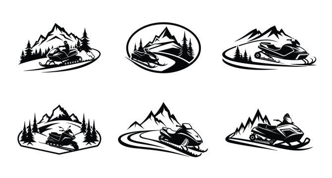 Collection of snowmobile icons featuring mountain and forest themes