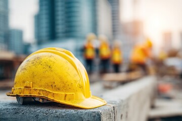 Yellow Hard Hat on Construction Site with Workers.