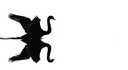 Black swan with wings spread reflected in water bird