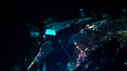 Global network glowing in the dark, showcasing interconnected technology landscapes and data flow, visualizing modern digital communication systems.