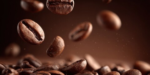 Roasted coffee beans falling in a dark brown background.