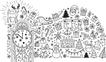 Obraz premium Christmas Illustration with Clock Reindeer Santa and Festive Holiday Elements