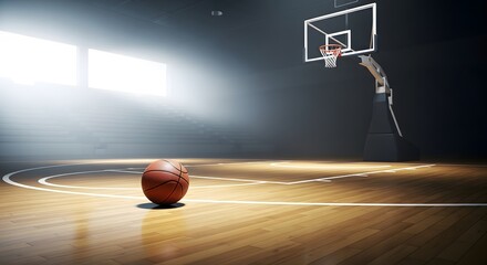 A basketball on a wooden court with a hoop and bright lights shining down on the scene indoors