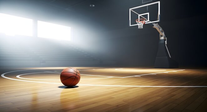 A basketball on a wooden court with a hoop and bright lights shining down on the scene indoors