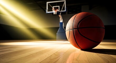 Basketball on a court with light shining down and hoop in the background in a dark gym setting