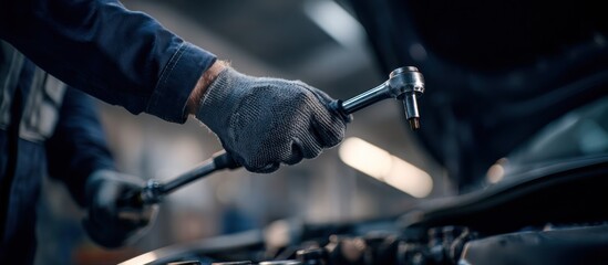 Mechanics Hands Repairing a Car Engine with a Ratchet.