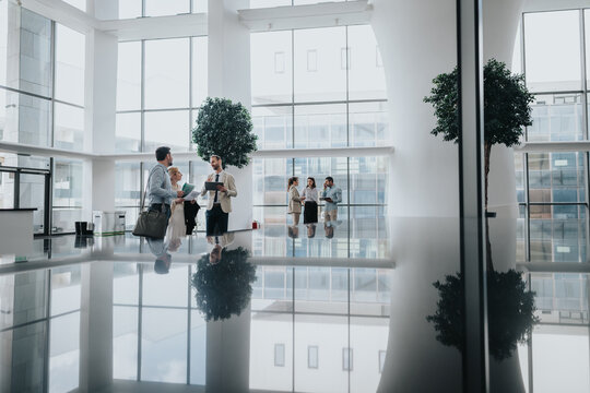 Group of colleagues gathers in a spacious, sunlit lobby sharing documents and ideas. The modern glass space creates a calm business atmosphere for casual networking and collaboration among employees.