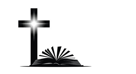 Christian Cross and Open Bible Silhouette with Light Burst
