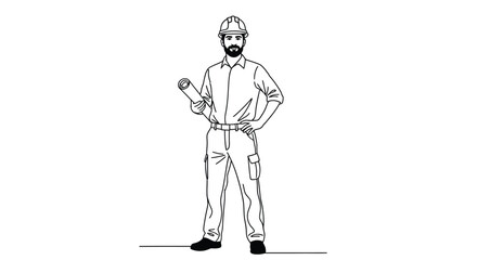 Construction worker holding blueprints on white background Keywords: construction worker, man