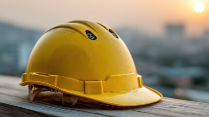 Yellow Hard Hat on Wooden Surface at Sunset.