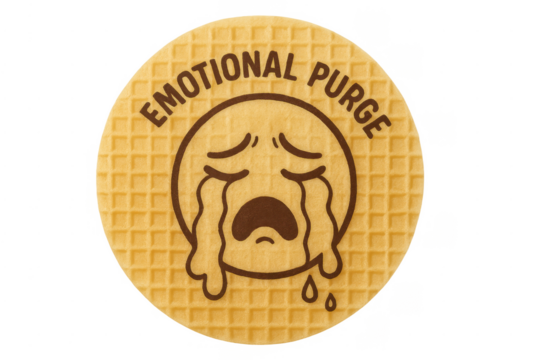 Waffle cookie expressing emotional purge with crying emoji