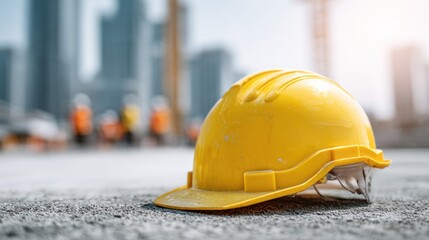 Yellow hard hat on construction site with blurred background.