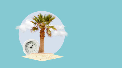 Travel and Relaxation Theme with Palm Tree and Clock on Beach Sand with Empty space for text. Holiday Countdown and Vacation Time for Rest