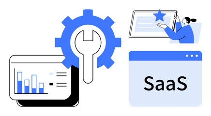 Gear with a wrench, analytics dashboard, SaaS interface, and user rating a screen. Ideal for SaaS, customization, analytics, service improvement, digital tools user experience simple flat metaphor