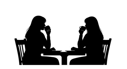 Two women drinking coffee while sitting at a table in silhouette  