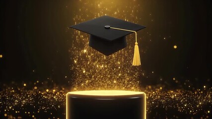 Graduation cap floating above a glowing pedestal