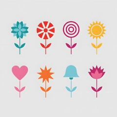 Obraz premium Geometric Floral Array: A vibrant collection of stylized geometric flowers showcasing a delightful range of shapes and colors. Each bloom bursts with personality.