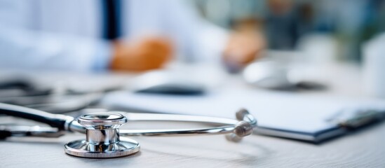Stethoscope on a doctors desk with medical records.