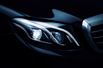 Fototapeta premium Sleek car headlight design showcasing modern luxury vehicle aesthetics, innovative LED technology, and superior craftsmanship in urban settings.