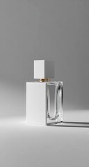 Elegant perfume bottle on a white pedestal in minimalist style.