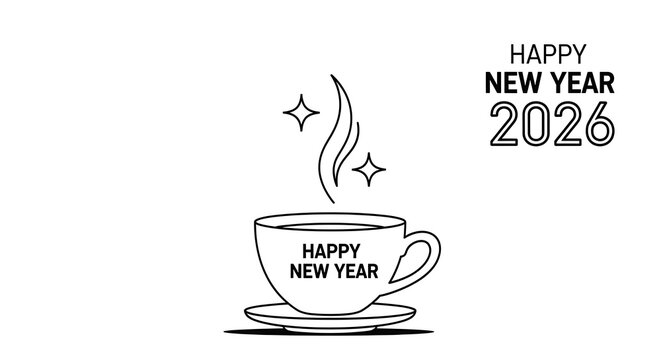 Happy new year 2026 coffee cup with steam and stars