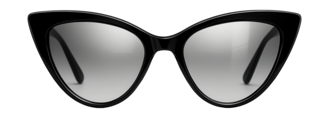 Cat-eye sunglasses with black frames and reflective silver lenses.