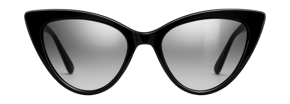 Cat-eye sunglasses with black frames and reflective silver lenses.