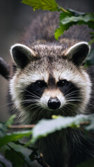 Portrait d’un raton laveur dans la nature – regard curieux entre les feuillages