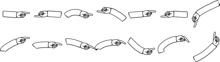 Line art illustrations of a human arm and hand with an index finger pointing in multiple directions
