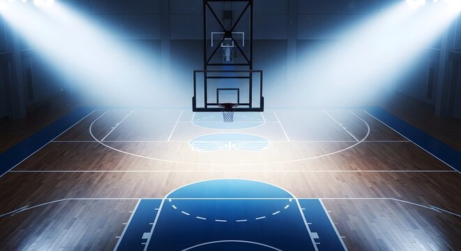 Empty basketball court with bright spotlights shining down on the polished wooden floor surface