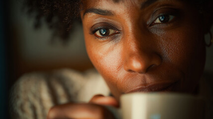 African American woman enjoying a tea, coffee drink, thoughtfully gazing out a window in a cozy home setting. A black woman takes a moment to herself, savoring a warm beverage while looking pensive.