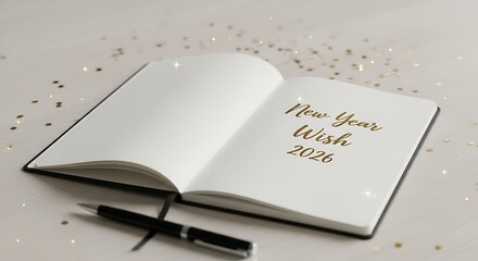 Open new year s wish journal with pen and confetti