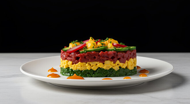 Exquisite tuna tartare with mango, spinach, and radish served on a sleek white plate for upscale dining menus and vibrant culinary presentations
