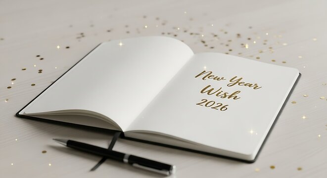 Open new year s wish journal with pen and confetti