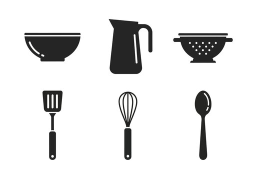Collection of essential kitchen tools and cooking utensils in a minimalist vector design, perfect for culinary projects and household graphic assets showcasing fundamental food preparation equipment