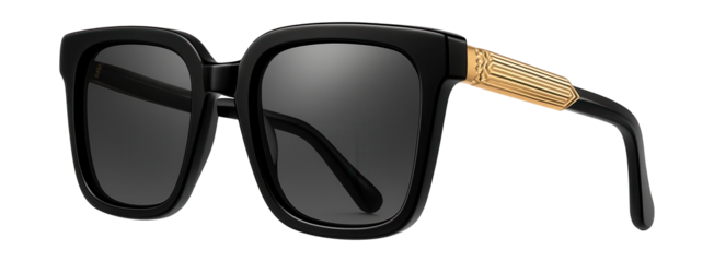 Large black square frames with gold accents on the temples.
