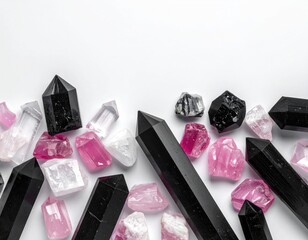 Assorted raw crystals on white ground